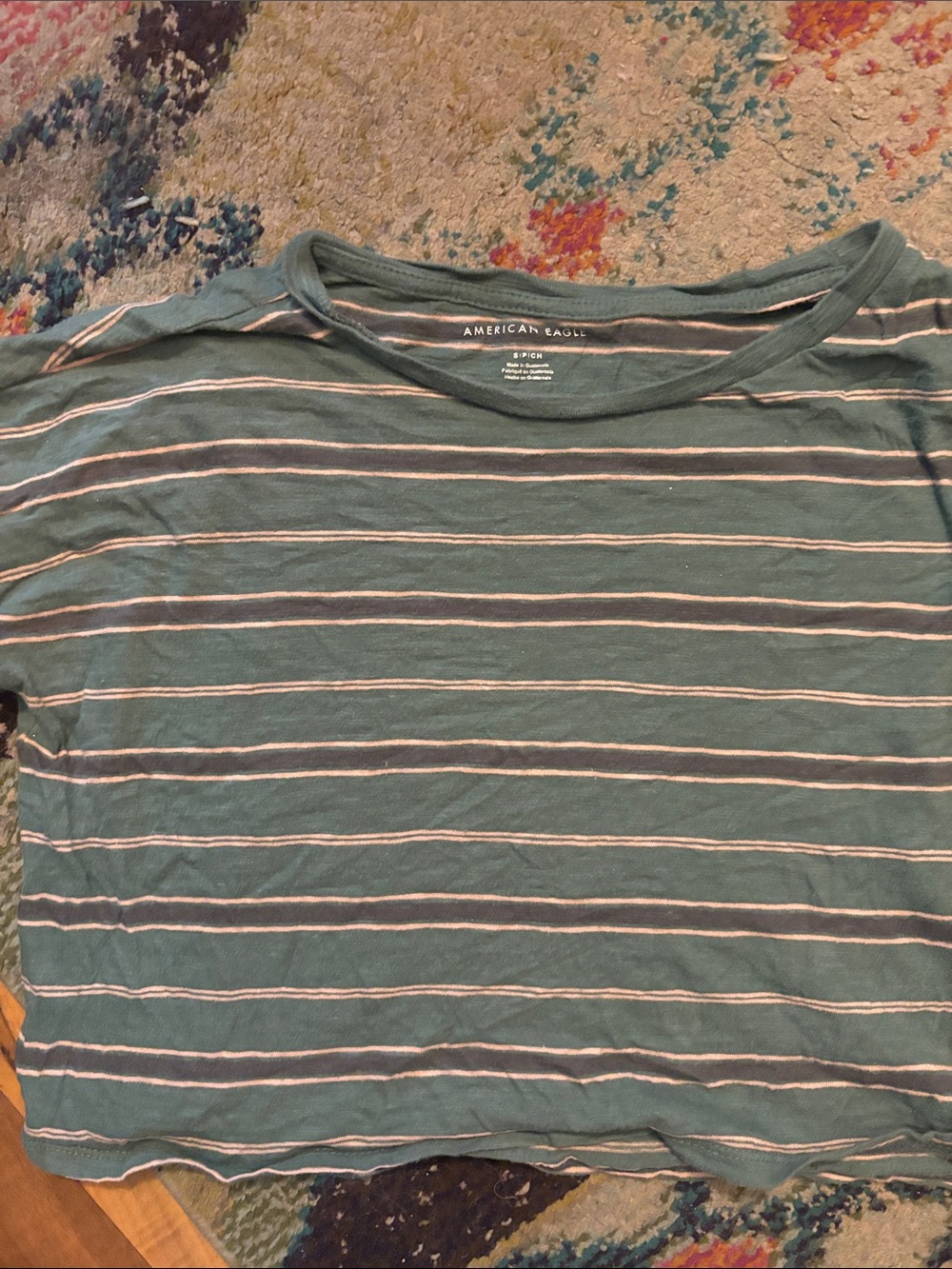 American Eagle Outfitters Teal and White Striped Crew Neck Tee